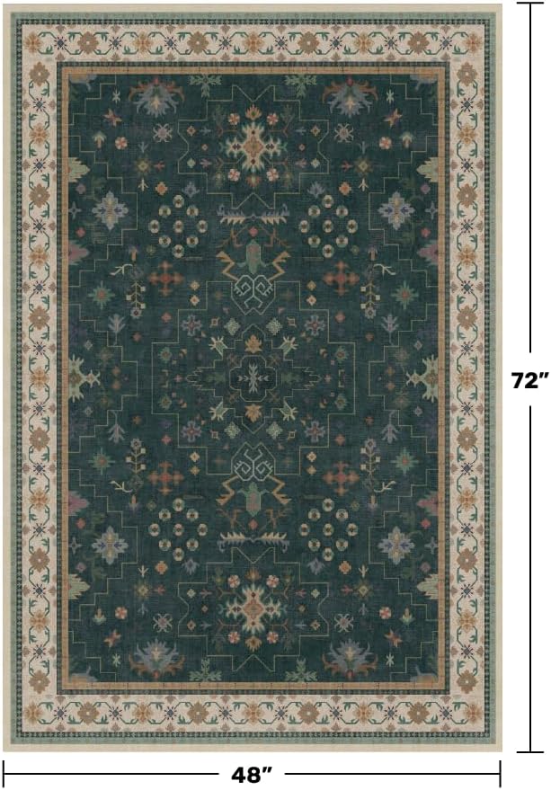 Hazo Haus Dark Green 4x6 Living Room Rug - Modern Vintage Boho Floral Forest, Washable Low Pile Non-Slip Area Rugs for Door Mat Entrance, Mudroom, Kitchen, Bedroom Beside Bed, Office - Image 2