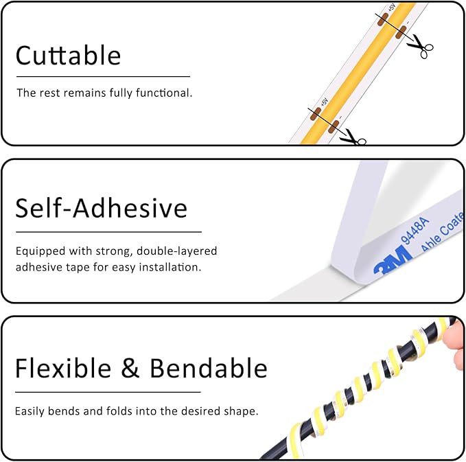 UVTaoYuan LED Strip Lights USB Short Light Strips, 6500K Bright White Not Dimmable 5V COB Small LED Strip for Indoor Bedroom Kitchen DIY Home Decor Display Cabinet 5V LED TV Lighting (3 Pack 3.28FT)