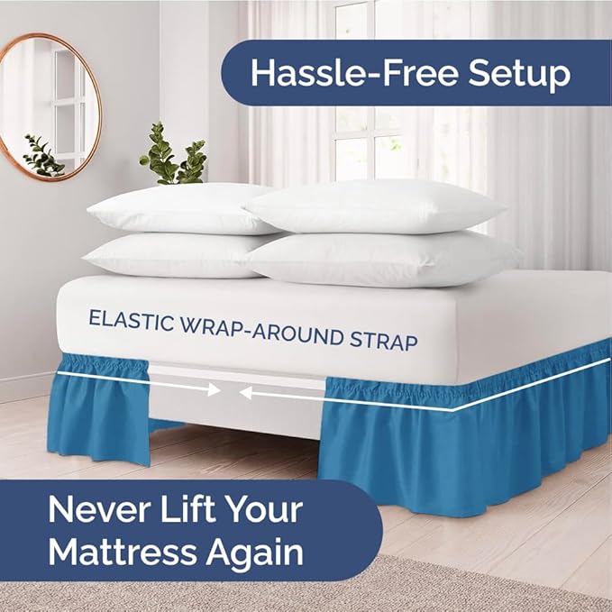 Wrap Around Dust Ruffle Bed Skirt - Denim Blue - for Queen Size Beds with 18 Inch Drop - Elastic Strap - Adjustable Pleated Bedskirt with Brushed Fabric and Wrinkle Free - For Women, Men, Kids & Teens