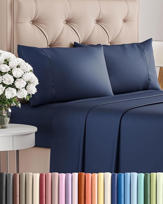 Twin 4 Piece Sheet Set - Cooling, Comfy & Breathable - Hotel Luxury Bedding, Includes Fitted Sheet for Women, Men, Kids & Teens - 1 Flat, 1 Fitted Sheet, 2 Pillowcases with Deep Pockets - Navy Blue