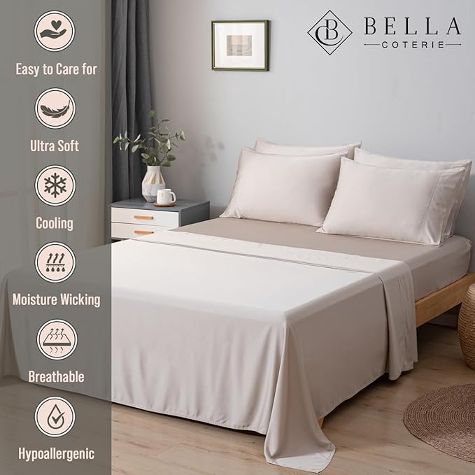 Bella Coterie 7 Piece Luxury Bamboo Viscose Split King Size Sheet Set | 2 Fitted Sheets for Adjustable Beds | 100% Organically Grown | Cooling for Hot Sleepers | 4 Pillowcases [Dune]