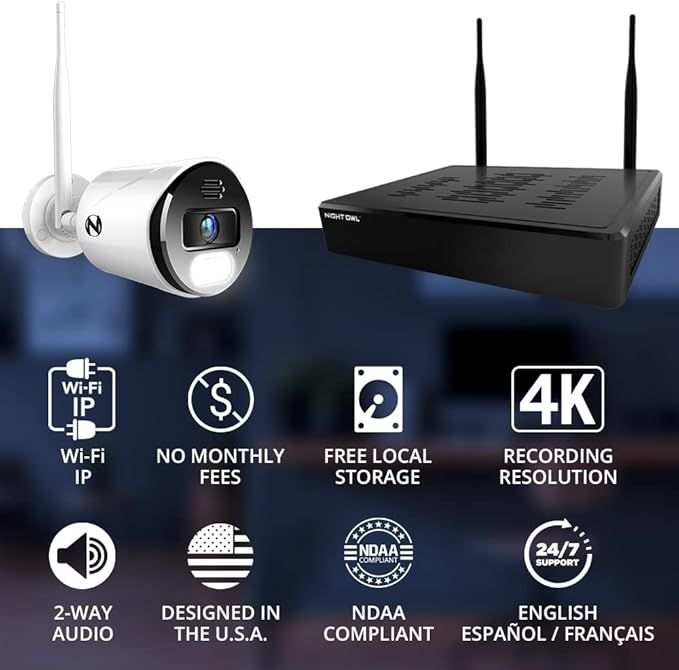 Night Owl Sp, Llc Night Owl 10 Channel Bluetooth Video Home Security Camera System with (4) Wi-Fi IP 4K HD Indoor/Outdoor Spotlight Cameras 2-Way Audio and 1TB Hard Drive, BTWN8-4L1