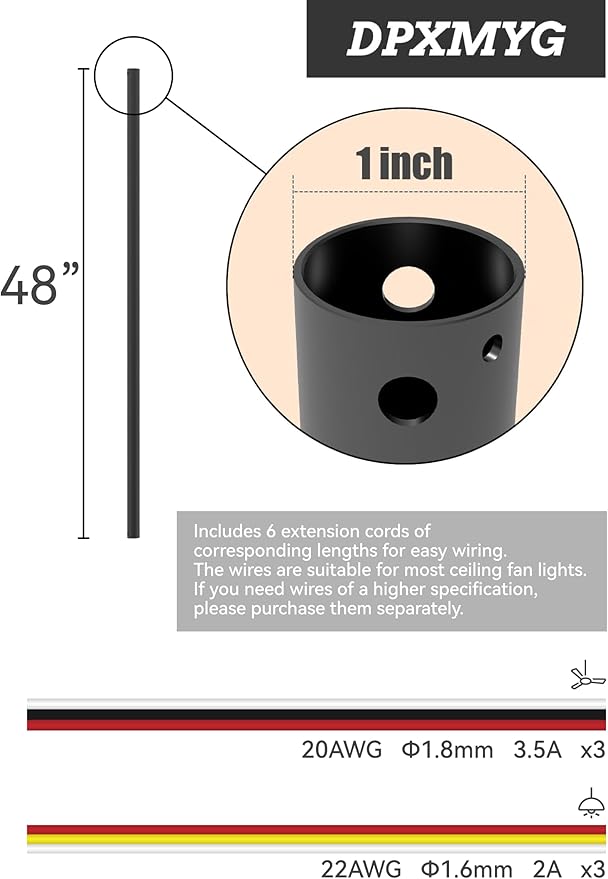 DPXMYG 48 inch Ceiling Fan Downrod with Extension Cord, 4 FT Black Downrod for Ceiling Fan, 1 inch Outside Diameter, Ceiling Fan Boom Suitable for a Wide Range of Fans (Black, Not Threaded)