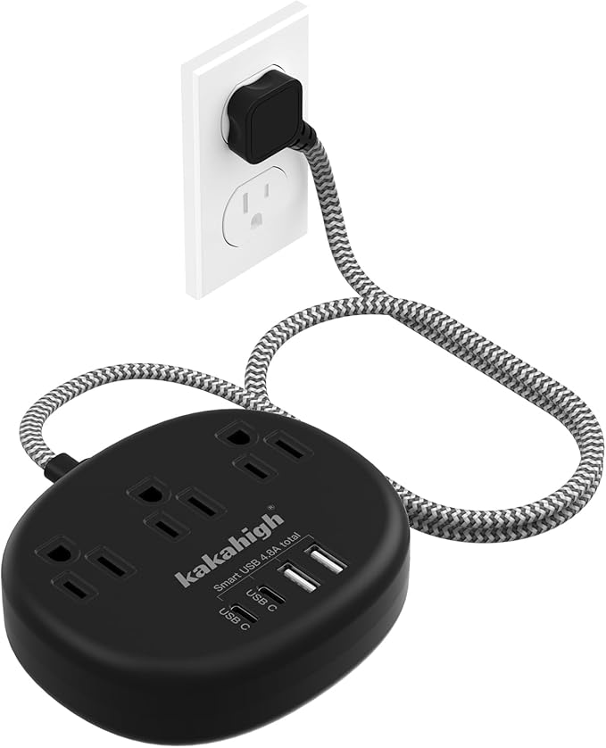 Short Extension Cord Black - Extension Cord 5 Feet, 1625W Power Strip 3 Prong with 3 AC Outlet 4 USB (24W/4.8A), Bedside Charging Station for Home, Office and Dorm