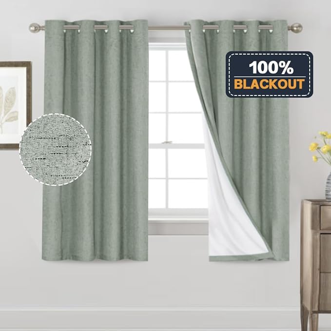 PrinceDeco Blackout Curtains 63 Inch Length 100% Blackout Linen Curtains with White Liner Thermal Insulated Textured Blackout Curtains for Windows 2 Panels Set,52" W x 63" L,Green Bay