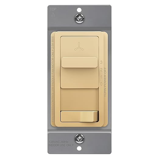 TOPGREENER Kalide Light Switch and 3-Speed Ceiling Fan Control Combo, in Wall Light and Fan Combination Switch, Single Pole, 2.5A, 720W, Neutral Wire Not Required, TGSFS3-GD, Gold