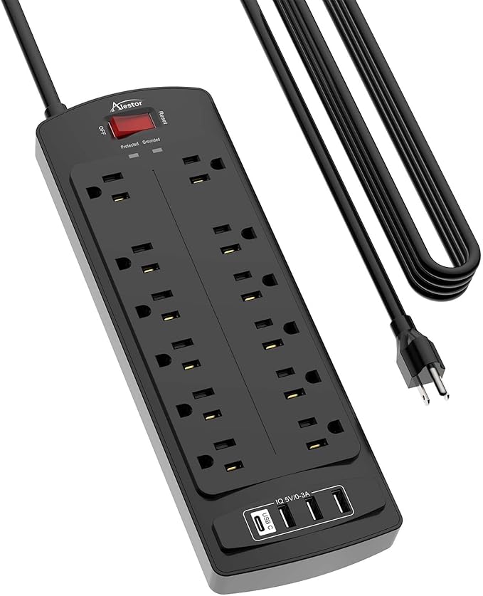 Power Strip, ALESTOR Surge Protector with 12 Outlets and 4 USB Ports(1 USB C Port), 20 Feet Extension Cord (1875W/15A), 2700 Joules, ETL Listed, Black