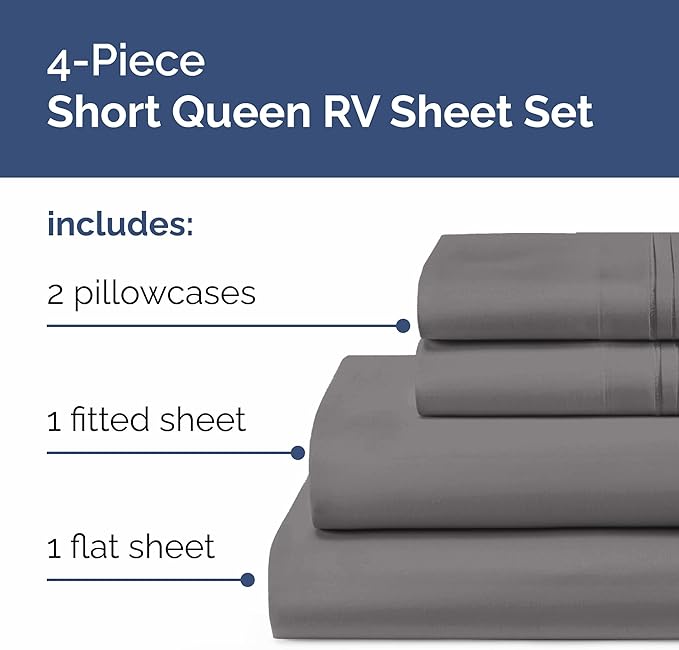 RV Short Queen Sheet Set 60 X 75 - 4 Piece RV Short Queen Bed Sheets - Soft, Breathable & Cooling - Designed for Bunks, Trailers & Camper - Fits 8” to 12" Mattress - Hotel Luxury Bedding - Dark Grey