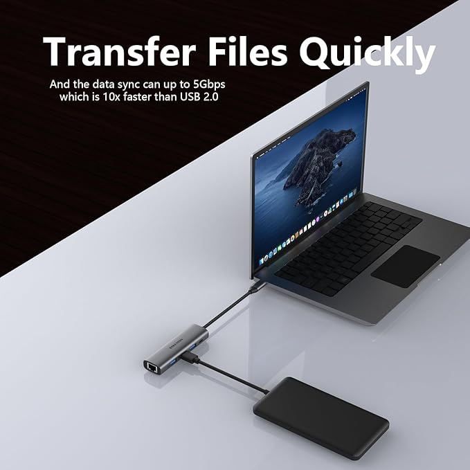 DIKEQINN USB 3.0 Hub with Gigabit Ethernet, 3-Port USB-A 5Gbps + USB-C Power Port for MacBook, Dell, HP, Surface (Plug and Play) (USB-C)