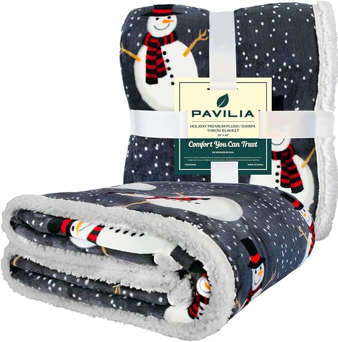 PAVILIA Premium Christmas Sherpa Throw Blanket, 60x80, Grey Snowman Cozy Fleece Holiday Blanket, Reversible Plush Winter Throw for Couch & Bed, Ultra Soft Warm Christmas