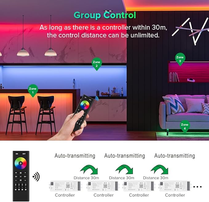 FCOB 5in1 WB5 2.4GHz WiFi PWM LED Controller Compatible with Alexa Google Home Smart Life Tuya APP for Dimming CCT RGB RGBW RGBCCT LED Strip Light Controller Works with WR01RF WR02RF, DC12V-24V