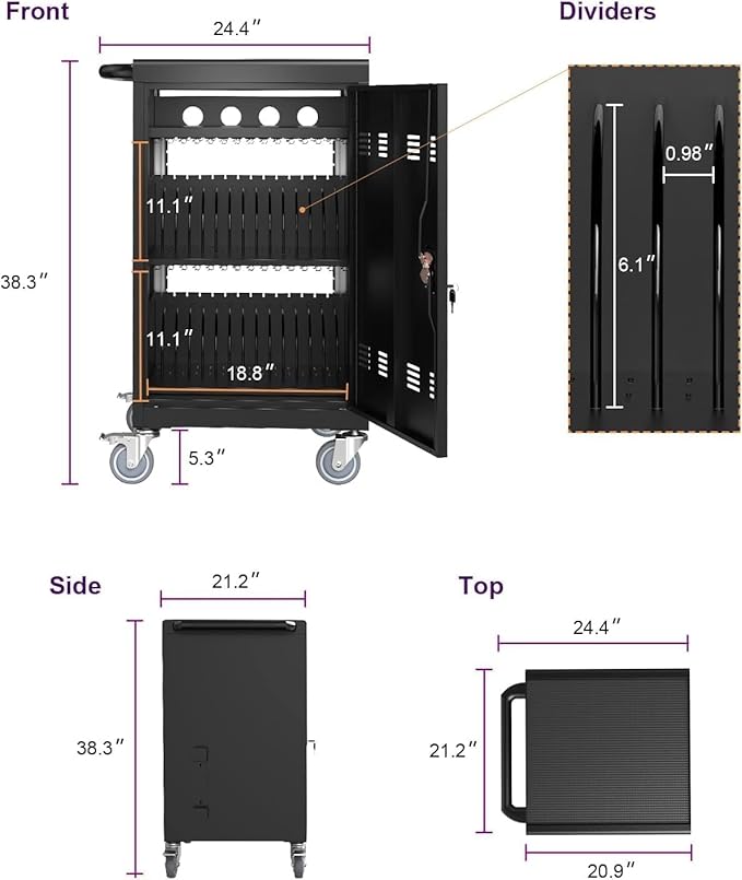 TIOPLY 36 Device Charging Cart for Laptop Up to 16.3-inch Screen, Mobile Charging Station and Tablet Storage Cart for iPad, Chromebooks with Cord Organizer, Black.