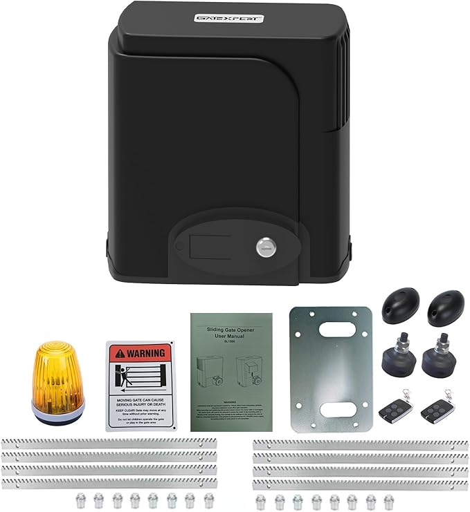GATEXPERT Automatic Rack Sliding Gate Opener Kit- Gear Track Driveway Security Door Operator Hardware with Remotes and Sensor for Slide Gate up to 1300lbs and 40ft (SL1300)