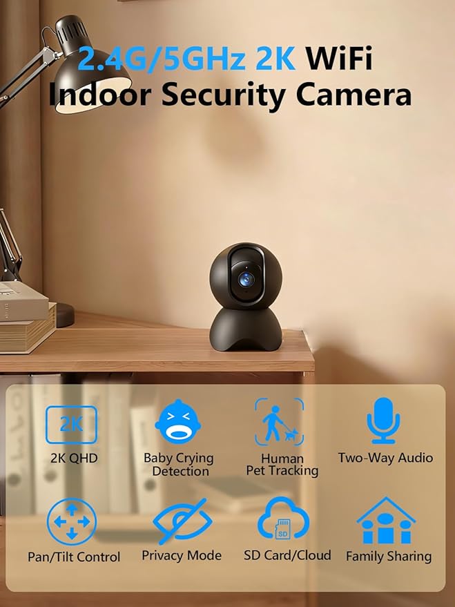 YYSY 2K 2.4G&5G Indoor Security Camera, 2 Packs Pet/Dog/Baby Security Camera with Phone App, 360° Pan-Tilt WiFi Cameras for Home Security, 2-Way Audio, Night Vision, Auto-Tracking, Privacy Mode