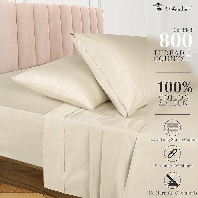 URBANHUT 800 Thread Count 100% Cotton Full Size Sheets, Luxury 4 Piece Full Bedsheets, Hotel Sheets Sateen Finish - Better Than Egyptian, 16" Elasticized Deep Pocket - Ivory