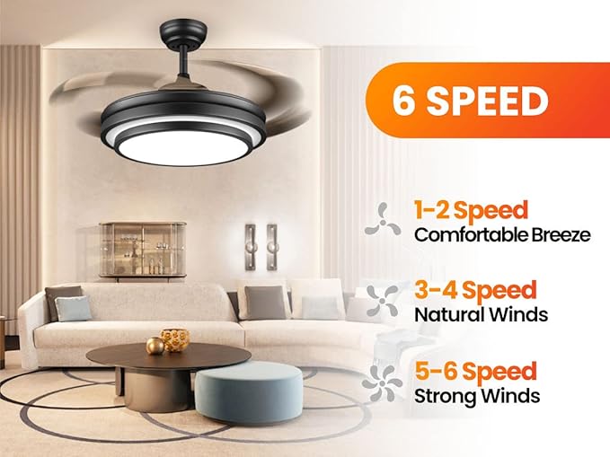 LIGHTIMES 36 Inche Modern Black Ceiling Fan with Dimmable LED Light, Retractable Celing Fan with APP/Remote Control, 6 Speed,for Bedroom Live Room