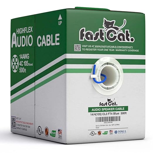 fast Cat. Speaker Wire 14 Guage 4C, UL Listed & CMR/CL3R-FT4 Rated - Speaker Cable w/PVC Jacket, 100% Oxygen-Free Pure Bare Copper - (105) HighFlex 14 Guage Wire - in-Wall Use-500ft Bulk Cable, Blue