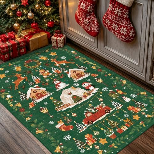 Christmas 2x3 Entryway Area Rug - Non Slip Washable Winter Green Doormat Indoor Soft Low Pile Decorative Floor Mat for Kitchen Bathroom Living Room Bedroom Holiday Home Decor Gift（2x3，Green ） - Image 5