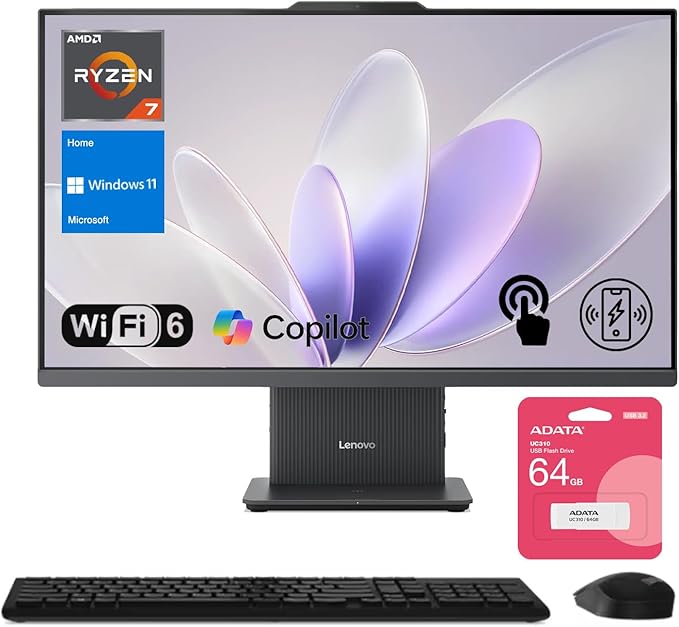 Lenovo IdeaCentre Business All-in-One PC, 27" FHD 100Hz Display, AMD Ryzen 7 8845HS, 32GB DDR5 RAM, 2TB SSD, Wi-Fi 6, Win11 Home, Wireless KB & M, Copilot-Ready, Bundle with Adata UC310 64GB