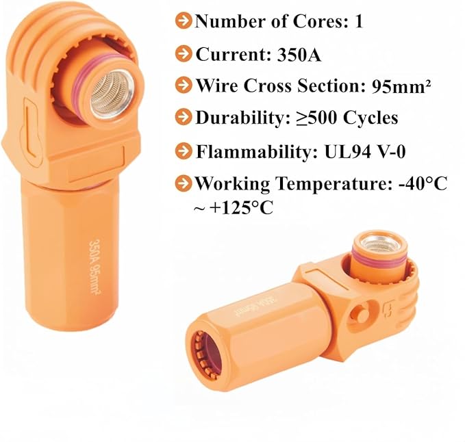 90 Degree 12mm 350A 95mm² Single Core Plug for Energy Storage Battery IP67 Waterproof EV Battery Container Connector,1PC (Orange, 350A)