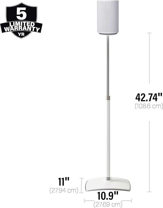 Sanus Speaker Stand for Sonos Era 100 Speakers - Height Adjustable Single Stand w/Easy 3 Step Install - Includes Rubber Feet & Carpet Spikes - White