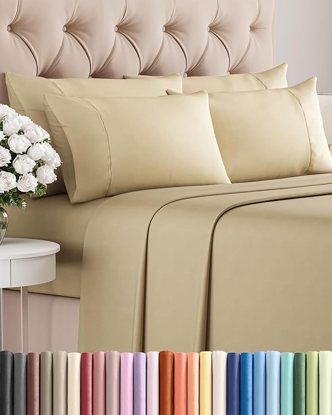 Queen 6 Piece Sheet Set - Cooling, Comfy & Breathable - Hotel Luxury Bedding, Includes Fitted Sheet for Women, Men, Kids and Teens - 1 Flat, 1 Fitted Sheet, 4 Pillowcases with Deep Pockets - Beige