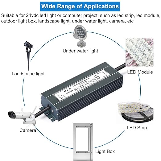 LLTOP LED Power Supply 24V 8.3A 200W LED Driver AC90-130V to 24VDC Converter Low Voltage Transformer Waterproof for Indoor Outdoor LED Lighting