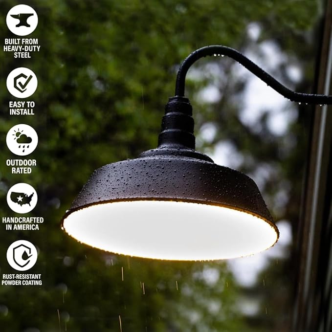 Steel Lighting Co. Large Outdoor Barn Light | Gooseneck Light Fixture | Made in America from 18-Gauge Steel | 20" Dome | Upward Sloping Gooseneck Gray Blue Exterior/Brass Interior