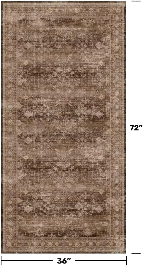 Brown Boho Washable 3x6 Entryway Runner Rug, Indoor Hallway Kitchen Floor Rug, Non-Slip Stain & Fade Resistant, Vintage Dark Neutral Floral Decor - Image 2