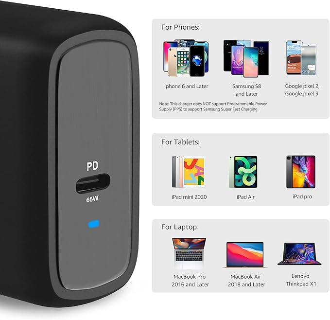 Amazon Basics 65W One-Port GaN USB-C Wall Charger with Power Delivery PD, Foldable Plug, for Laptops, Tablets & Phones, Black