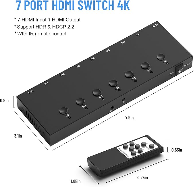 RuiPuo 7Port HDMI Switcher 4K@60Hz 7In 1Out HDMI Selector with IR Remote Supports Full HD 4K/1080P/3D & HDCP2.2 for Switch,Xbox,PS4/PS5,Fire Stick,Roku,Apple TV etc.