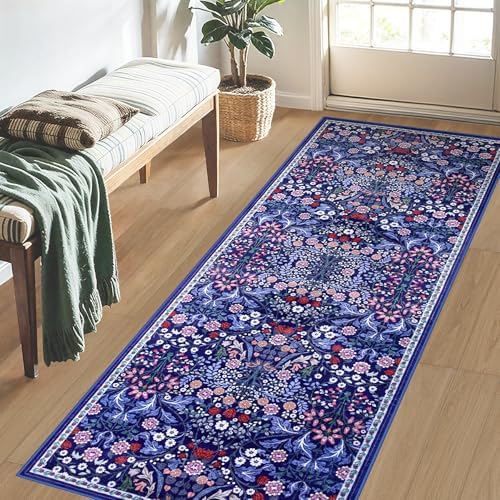 PLHXFR 2.6x8 Washable Runner Rug：Floral Indoor Kitchen Soft Carpet Blue - Image 3