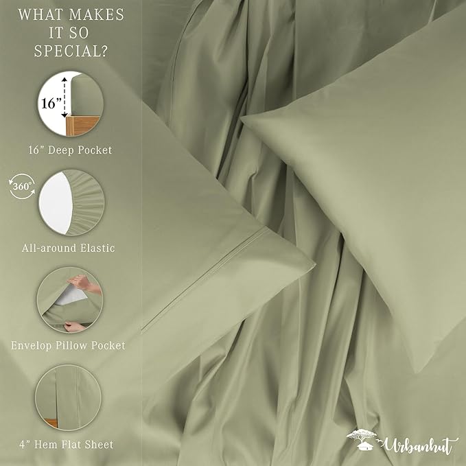 URBANHUT 800 Thread Count 100% Cotton California King Size Sheets, Luxury 4 Piece Cal King Bedsheets, Hotel Sheets Sateen Finish - Better Than Egyptian, 16" Elasticized Deep Pocket - Sage