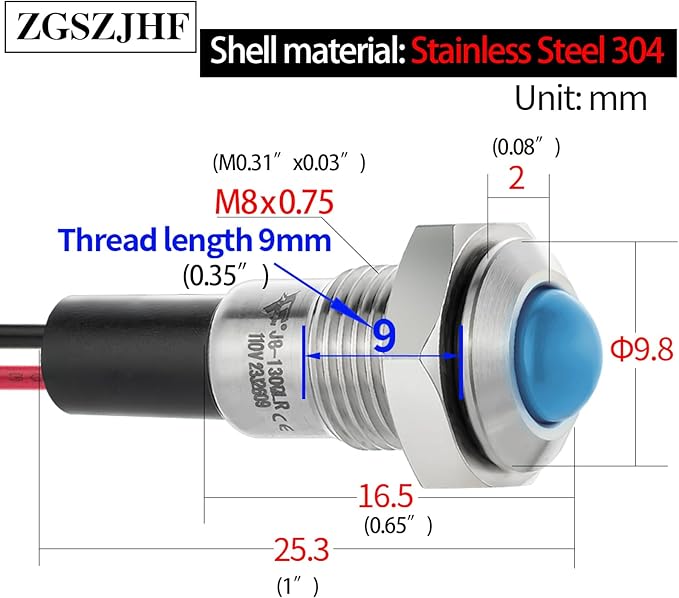 ZGSZJHF UL Listed Mini Indicator Light 8mm 0.31" Waterproof IP67 110V-120V Domed Sphere High Head Metal 304-Stainless Steel LED Lamp Pilot Light with 140mm Wire