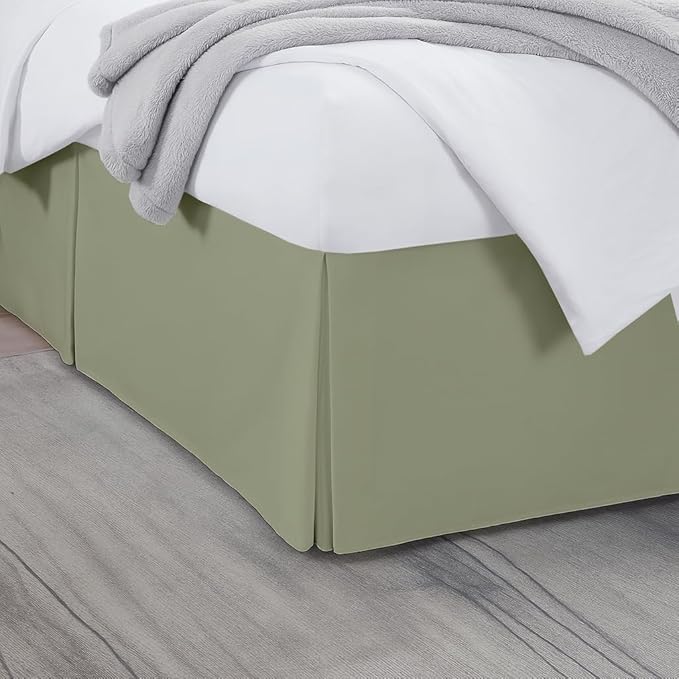 Queen Bed Skirt, Luxury 15 Inch Drop Sage Pleated Bed Skirt, Double Brushed Microfiber, Box Pleat Design, Wrinkle & Fade Resistant, Easy Fit Tailored Bedskirt for Queen Size Beds