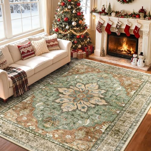 RELEANY Washable Area Rug, 5'x8', Brick/Brown/Green - Image 2