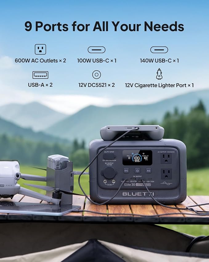 BLUETTI Elite 30 V2 Portable Power Station 600W (Power Lifting 1500W), 288Wh LiFePO4 Battery with 10ms UPS, Emergency Backup Power for Home Blackout/Winter Storm, Solar Generator for Camping/Road Trip