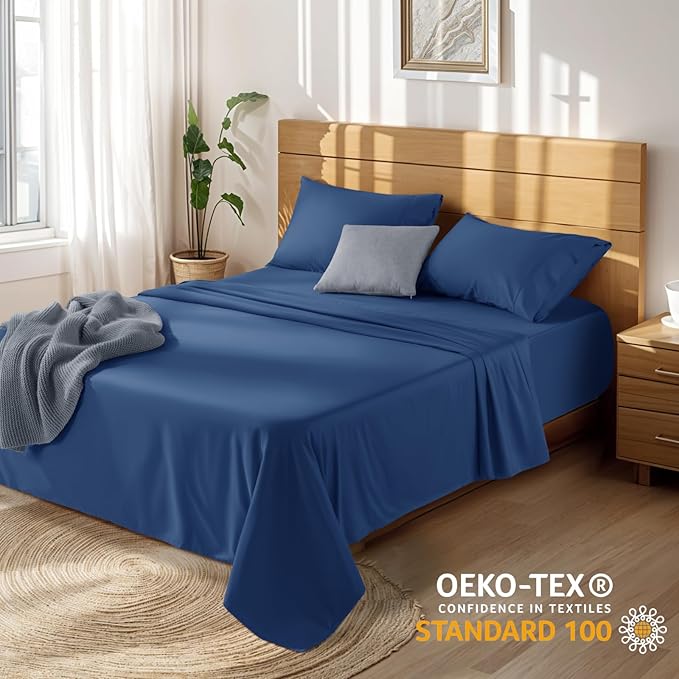 LBRO2M 100% Cotton Sheets Set Deep Pocket 19", 1000 Thread Count California King Size 4 Piece Bed Sheet Sets Soft Comfortable Bedding All Season (California King, Navy Blue)