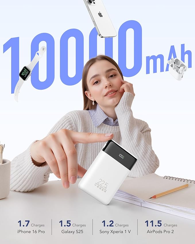 VEGER Portable Charger with Built in Cable, 10000mAh 22.5W Fast Charging USB C Battery Pack, 4 Outputs 3 Inputs Power Bank for iPhone 16/15/14/13 Series, iPad, Samsung, Android, Tablet, White(1 Pack)