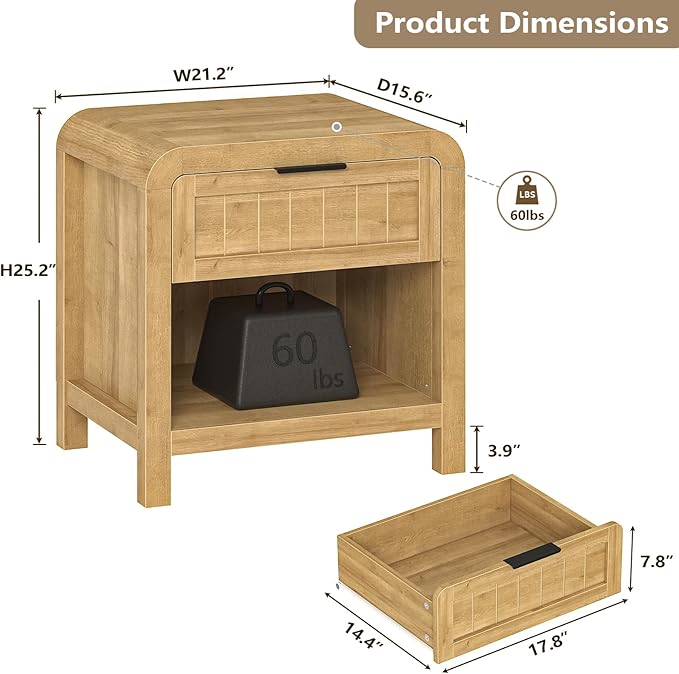 IKENO Wood Nightstand with Storage Drawer, 21" Wide Night Stand with Curved Profile Design, Bedside End Table for Bedroom, Living Room, Closet (1, Natural Oak, 1 Drawer)
