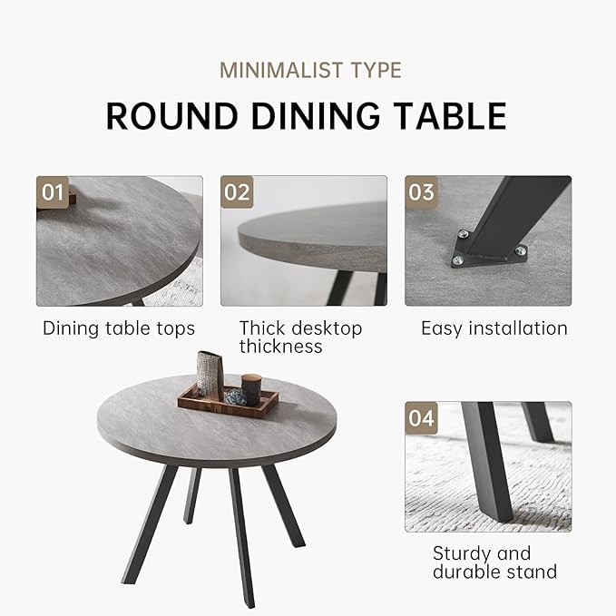 34.6'' Round Dining Table and Chairs for 4, Mid Century Modern Round Table Set, Space Saving for Apartment Kitchen Dining Room (Grey Table+4 Black Chairs)