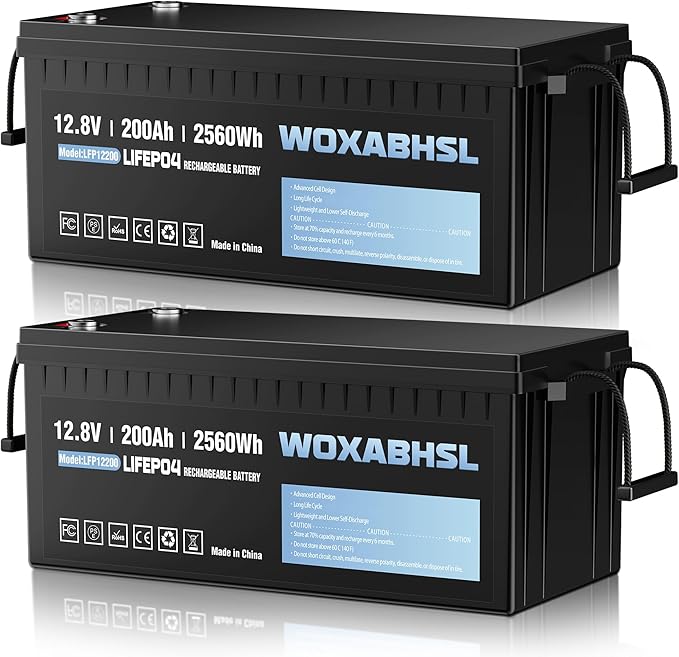 WOXABHSL 12V 200Ah LiFePO4 Lithium Battery 2 Parks, Built-in 200A BMS, 15000+ Deep Cycles, Max 2560W Power Output, FCC&UL Certificates, Perfect for RV, Solar, Marine, Off-Grid, etc.