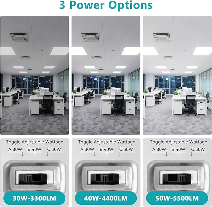 VocgoUU 2x2 LED Flat Panel Light, 4 Pack, Selectable 30W/40W/50W, 3000K/4000K/5000K/6000K, 0-10V Dimmable, ETL Certified, 5500LM, Drop Ceiling Office Lighting