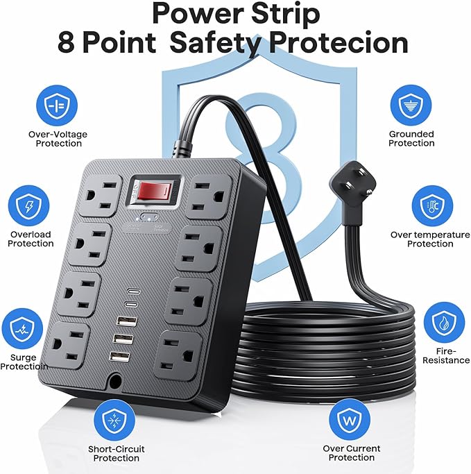 13 in 1 Surge Protector Power Strip Flat Plug 8 Widely AC Outlet 3 USB Ports,1250W/10A，5 ft Extension Cord with Multiple Outlets, Desk Extender for Dorm, Home,Travel， Office Essentials,ETL Listed