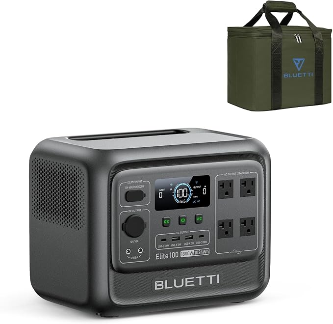 BLUETTI Elite 100 V2 Portable Power Station with Bag, 1024Wh LFP Battery Backup w/ 4 1800W AC Outlets (3600W Surge), 35% Smaller, Solar Generator for Camping, Outages, and UPS Backup