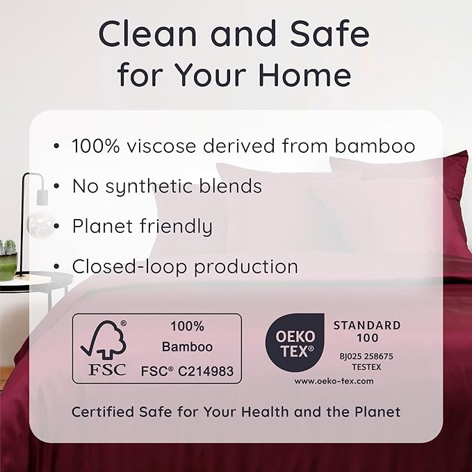 Bambaw 100% Viscose Derived from Bamboo Sheets California King Size Set – 4pcs Deep Pocket Cooling Sheets, Fits Up to 16'', Bedding for Night Sweats, Extra Soft Sheet Set (Burgundy)