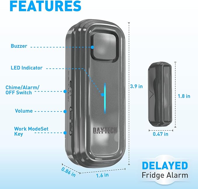 Daytech Refrigerator & Freezer Door Alarm - Adjustable 1-4 Minute Delay, 0-120dB Adjustable Siren, Door/Window Sensor for Home or Business (2 Pack, Grey)