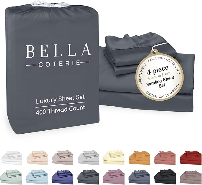 Bella Coterie Luxury Bamboo Viscose Cal King Size Sheet Set | 100% Organically Grown | Ultra Soft | Cooling for Hot Sleepers | 18" Deep Pocket [Charcoal Grey]