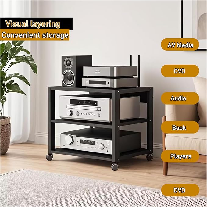 Dernoing 3 Tier Audio Rack Tower, CD Record Player Stereo Receiver AV Equipment Cabinet Display Rack, Weight Capacity 661 lbs, with Adjustable Wooden Shelves for Home (3 Tier Black)