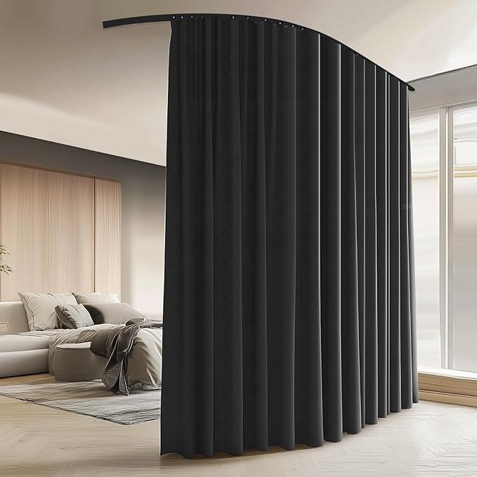 Room Divider Curtains with Ceiling Curtain Track Set Window Curtain for Bedroom,Living Room Total Blackout Thermal Insulated Privacy Ceiling Track Curtain W 9 × H 7 FT Black drape&Black track
